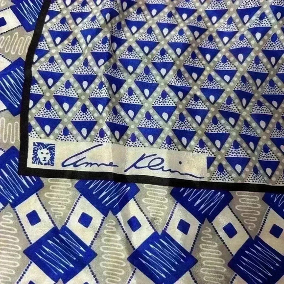 Vintage Silk Scarf in Blue Silver and Black Retro Design by Anne Klein - Picture 3 of 7